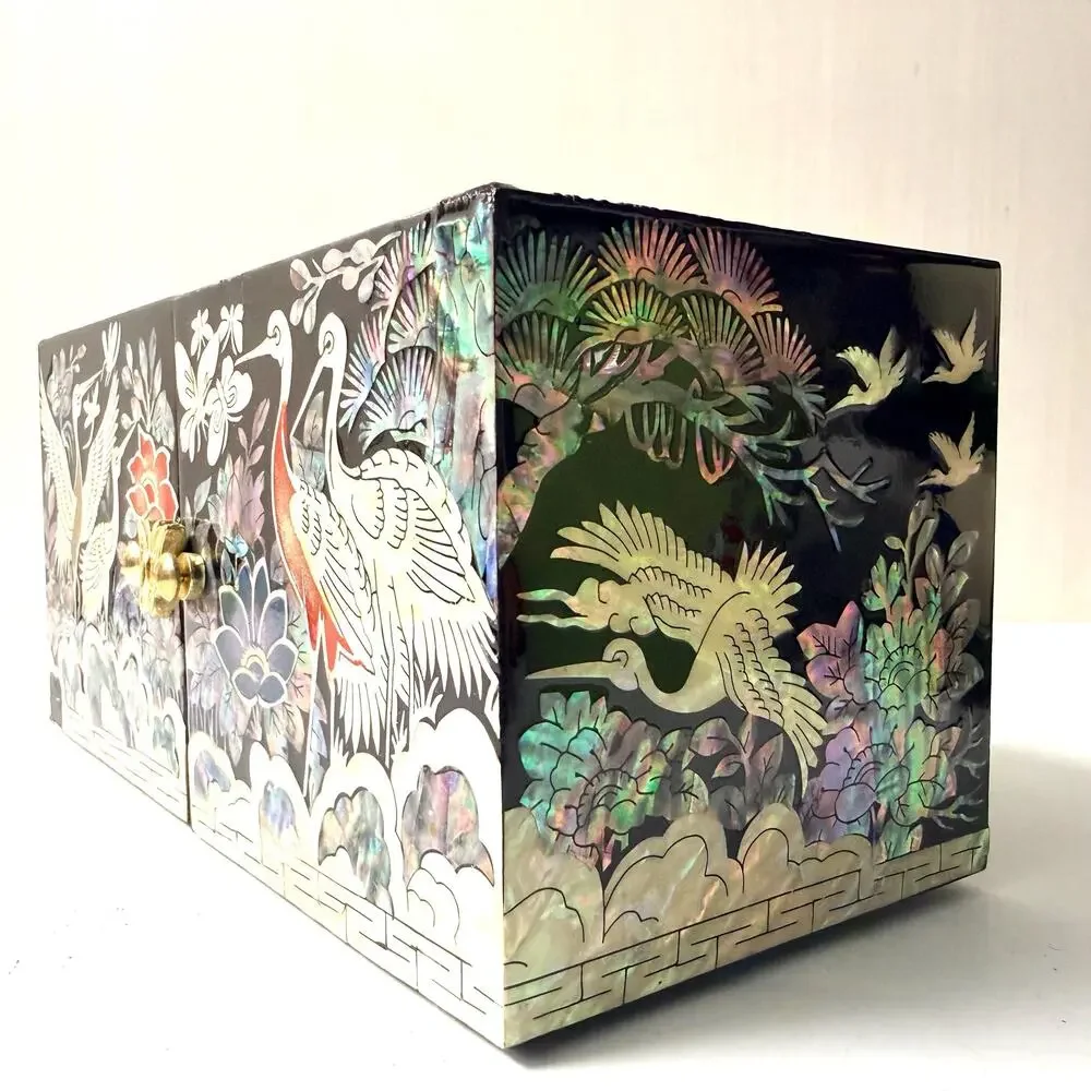 Vintage Asian Mother of Pearl Black Laquer Wood Jewelry Box Hinged AS IS